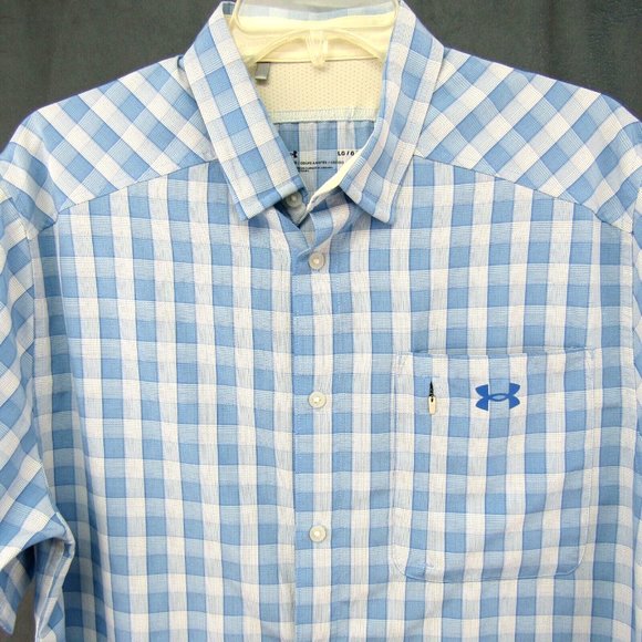 Under Armour Blue White Plaid Camp Shirt Mens Size L Fitted Button Up Outdoor - Picture 2 of 9